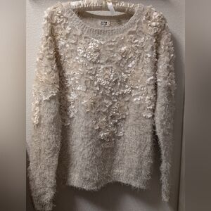 Fuzzy cream long sleeve sweater with floral appliques